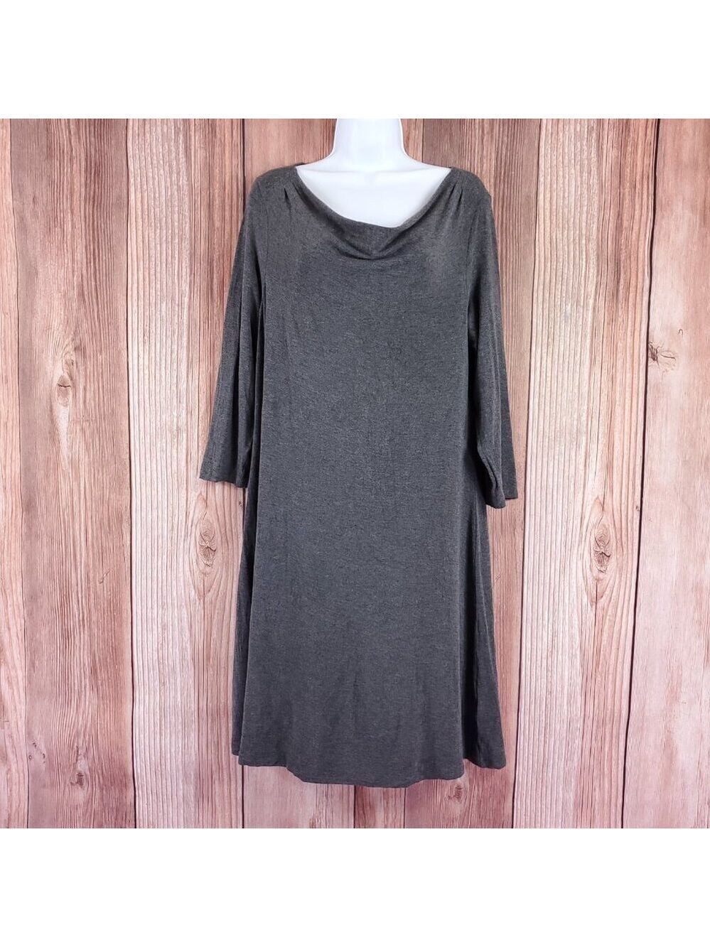 Eileen Fisher Womens Size Medium Ribbed Cowl Neck Tunic Dress 3/4 Sleeve Gray